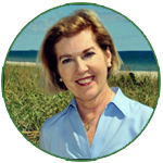 Linda Gonzalez, East Side Dems Secretary, smiling in circular headshot with beach and ocean background